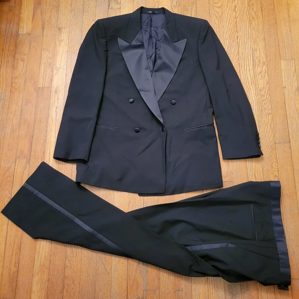 Abriani 42R Tuxedo Suit Black Double Breasted Wool Italy Wedding Formal Prom